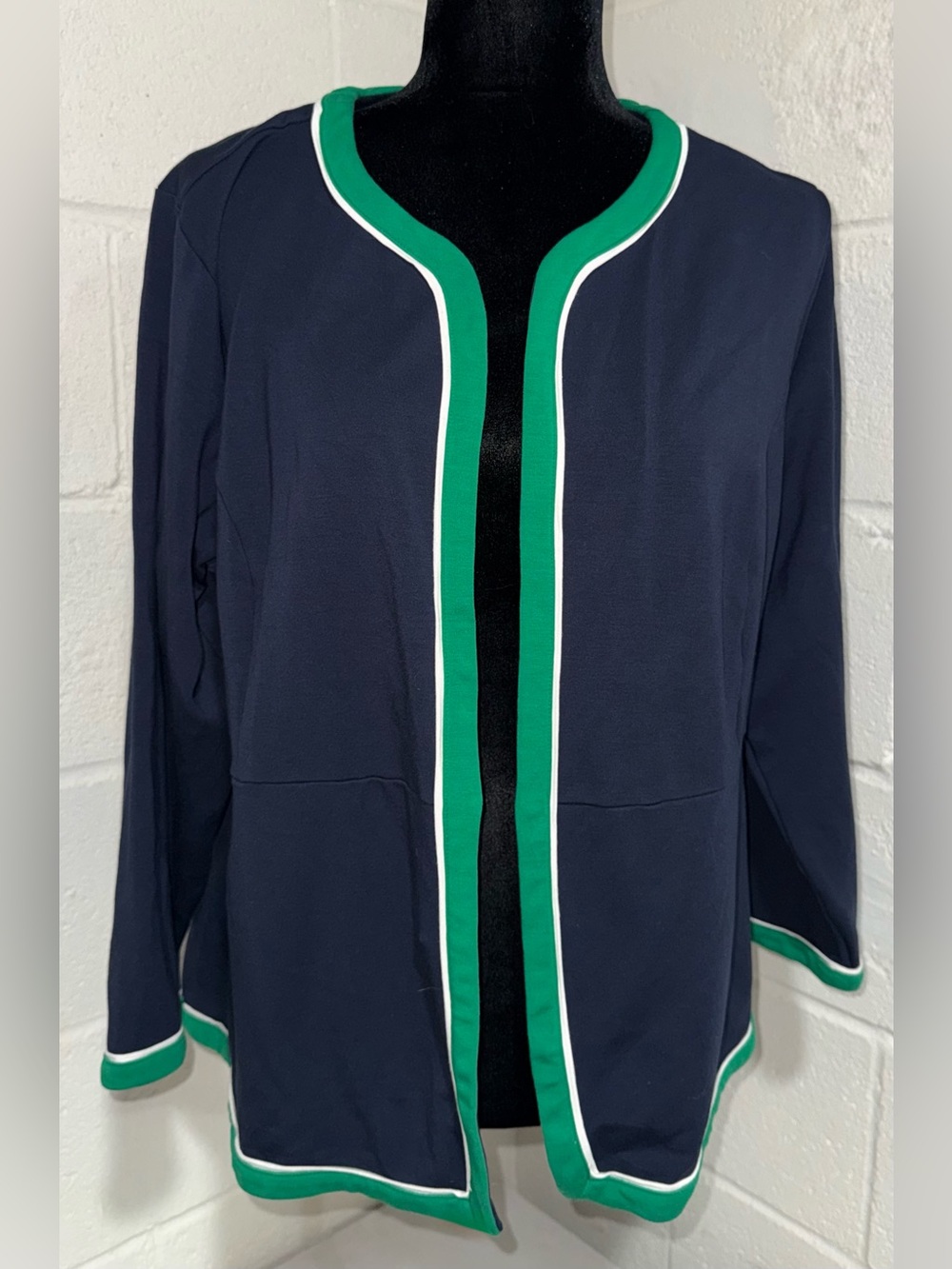 J. Jill Wearever Navy Blue Green Trim Open Front Jersey Jacket - Size 2X